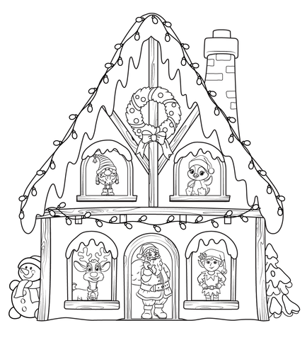 Christmas House With Characters Coloring Page